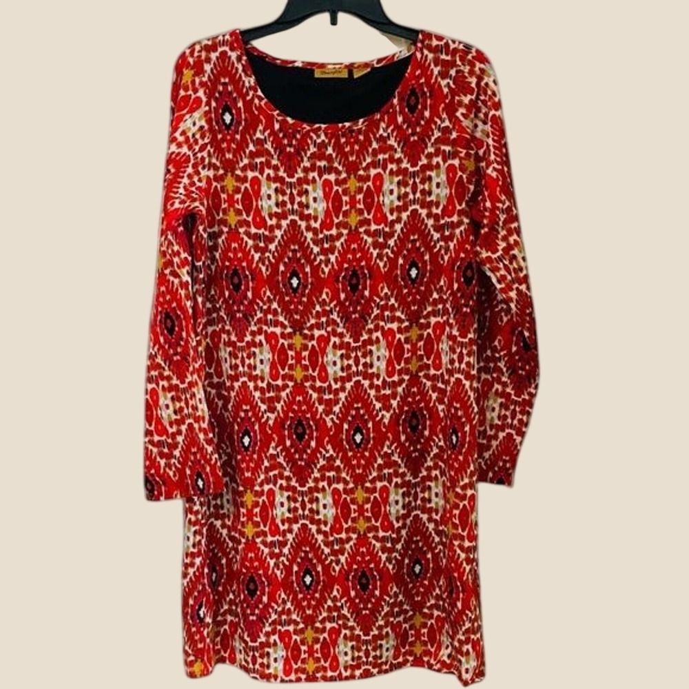 Wrangler‎ New Womens Small Long Sleeve Aztec Boho Western Red White Black Dress